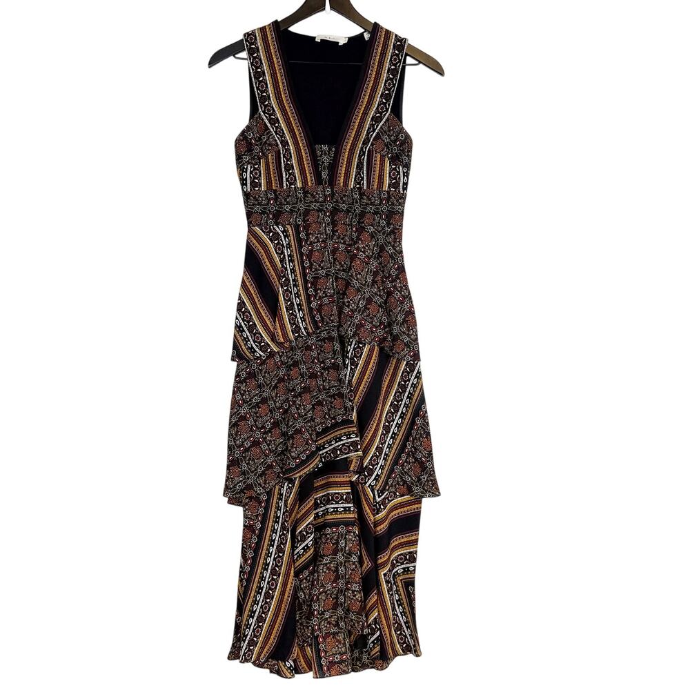 A.L.C. Hayley Scarf Print Tiered Dress Floral Midi 100% Silk Black - 0